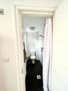 een badkamer met een toilet en een wit douchegordijn bij Maida Vale Serenity: 2-Bedroom in Londen