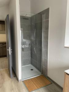 eine Dusche mit Glastür im Bad in der Unterkunft Maison/appartement de campagne in Champvans
