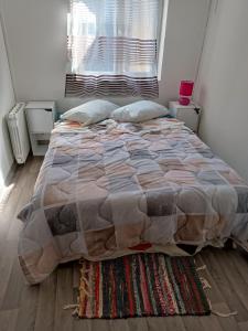 a bedroom with a large bed with a blanket at Logement 2 in Saint-Quentin