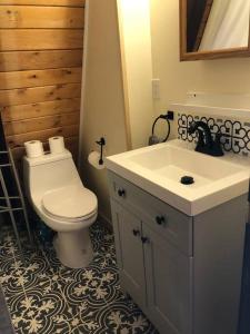 a bathroom with a toilet and a sink at Mount Snow A Frame with Jacuzzi in Dover