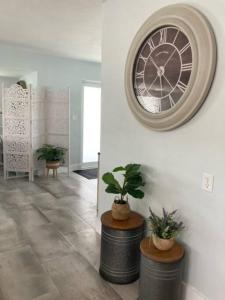 a clock on a wall in a room with potted plants at key Deer Retreat/direct gulf access/hot tub in Big Pine Key