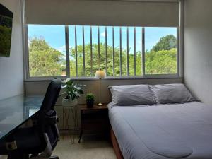 um quarto com uma cama, uma secretária e uma janela em Moderna y confortable habitación em Floridablanca