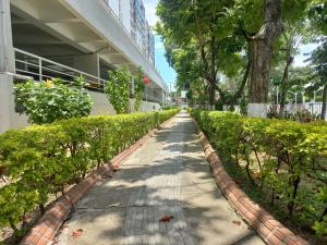 um passeio em frente a um edifício com arbustos em Moderna y confortable habitación em Floridablanca