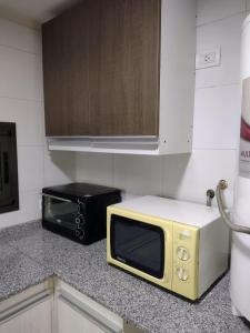 un microondas sentado en un mostrador junto a un horno tostador en Montaña Sol Malbec, en Ciudad Lujan de Cuyo