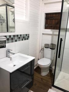 La salle de bains blanche est pourvue de toilettes et d'un lavabo. dans l'établissement Mango, à Le Carbet