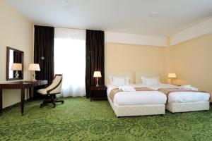 Pokój hotelowy z łóżkiem i biurkiem w obiekcie Alpha Hotel Mongolia w Ułan Bator