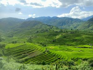 una vista aerea di un campo con montagne sullo sfondo di Blue home a Mù Cang Chải