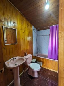 La salle de bains est pourvue d'un lavabo, de toilettes et d'une baignoire. dans l'établissement Cabaña Coigües alberto vanz con vista al mar, à Quellón