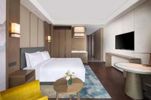 Habitación de hotel con cama grande y TV en Radisson Blu Resort Wetland Park en Wuxi