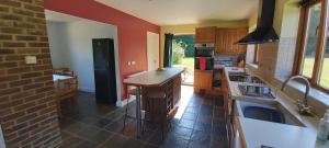 a kitchen with red walls and a brick wall at Farmhouse: Beautiful rural location. London from 60 minutes. in Ashford