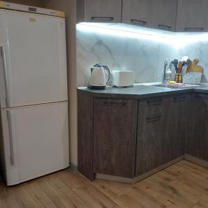 La cuisine est équipée d'un réfrigérateur blanc et d'un évier. dans l'établissement "Чернігівська тиша", à Tchernihiv