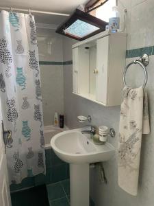 a bathroom with a sink and a shower curtain at Sunny house at ancient Mycenae, close to Nafplio! in Mykines