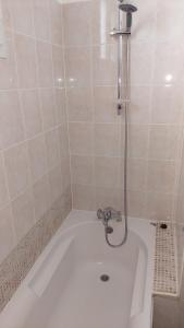 uma banheira branca com um chuveiro na casa de banho em Bel appartement au calme em Sainte-Geneviève-des-Bois