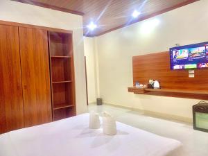 a room with a tv on the wall and a bed at Garden Resort in Vang Vieng