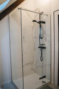a shower with a glass door and a shower head at Gezellige loft met twee slaapkamers in Ypres