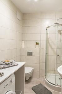 a bathroom with a shower and a toilet and a sink at Apartament Nad Stawem in Gdańsk