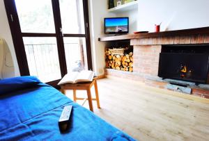 sala de estar con chimenea y cama en L' Orso Felice - alloggio turistico a Campo Felice, en Collimento