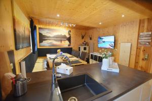 a kitchen with a sink in a tiny house at Zirbenwald Lodge in Turracher Hohe