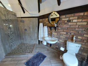 a bathroom with a brick wall and a toilet and a sink at The Spare Room Cottage - cosy and private in Bloemfontein