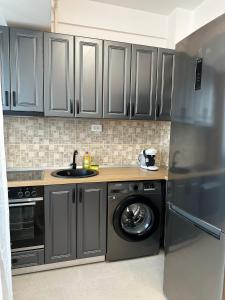 a kitchen with a sink and a washing machine at Lazar Towers Studios & Apartments near Palas in Iaşi