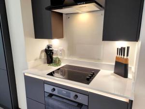 カーライルにあるCarvetii - ANNE House Room 4 - Triple bed 2nd floor en-suiteのキッチン(黒いキャビネット、コンロ付)