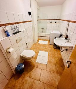 a bathroom with a toilet and a sink at FeWo Seeufer mit großem Garten in Goslar