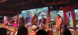 un groupe de personnes qui assistent à un spectacle sur une scène dans l'établissement PWL Healing Retreat Accommodation, à Rotorua