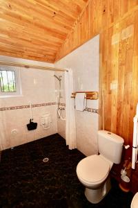 MouguerreにあるLes Chalets Cobadena-Borda Pays Basqueのバスルーム(白いトイレ、シャワー付)