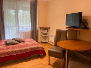 ein Zimmer mit einem Bett, einem Tisch und einem Fernseher in der Unterkunft Baiļi in Valmiera