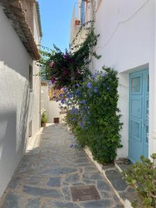 un callejón estrecho con flores y una puerta azul en Apartamento Palau Cadaques en Cadaqués