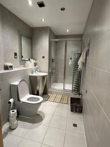 y baño con aseo, lavabo y ducha. en Fantastic and modern city centre flat with FREE parking!, en Cardiff