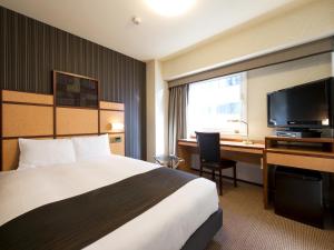 a hotel room with a bed and a desk and a television at Hotel Villa Fontaine Tokyo-Hamamatsucho in Tokyo