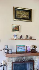 una sala de estar con chimenea y un estante encima. en Evie's House Arakapas, en Arakapas