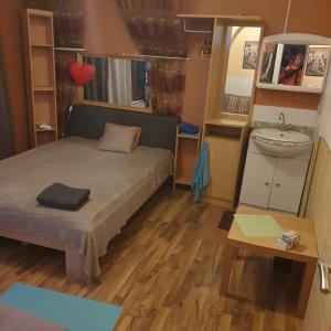 ein kleines Schlafzimmer mit einem Bett und einem Waschbecken in der Unterkunft Messeblick 1,2 km, Relax- App "Biene und Hummel" romantisch, Doppelzimmer gut & günstig in Hannover