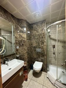 a bathroom with a toilet and a sink and a shower at Hotel Atabay in Istanbul