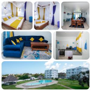 een collage van vier foto's van een hotelkamer bij Kijani Suites in Malindi