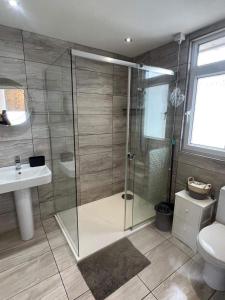 ein Badezimmer mit Dusche, Toilette und Waschbecken in der Unterkunft Stunning One Bed Modern & Contemporary Chalet in Bridlington + 13 Fotos