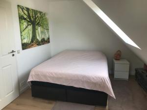 1 dormitorio con 1 cama y una pintura en la pared en Doppelzimmer im Urlaubsparadies nur 20 Minuten von Köln! en Overath
