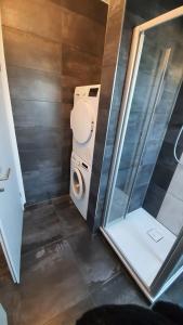 a bathroom with a washing machine and a mirror at Modern Apartment near Munich Airport in Oberding