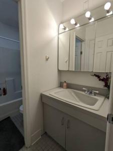 a bathroom with a sink and a mirror at Spacious Bedroom for 4 in shared Townhouse+garden in Brooklyn