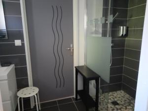 a bathroom with a shower with a toilet and a stool at La Zénitude chambre d hôte in Chamarandes