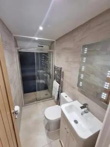 a bathroom with a toilet and a sink at Little Thatch in Corfe Castle