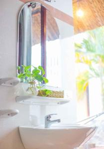 lavabo con espejo y planta en Chào Hotel Mũi Né en Mui Ne