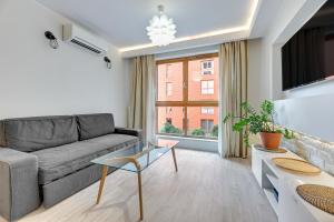 a living room with a couch and a window at Downtown Apartments Riverside Aura Island in Gdańsk