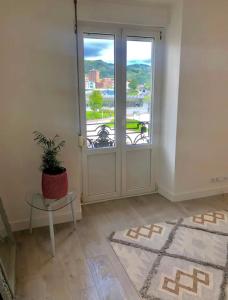 Una habitación con una puerta con una planta y una mesa. en Lovely port apártement, en San Sebastián