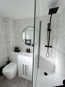 a bathroom with a shower and a toilet and a sink at Stunning Newly Decorated Flat with Private Entrance in London