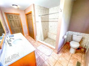 a bathroom with a shower and a toilet and a sink at The Loft inside The Roost in Jordan