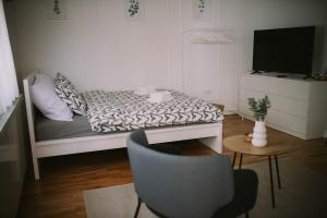 a bedroom with a bed with a tv and a chair at Studio Apartment E&D, free private parking, loggia in Zagreb