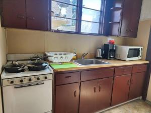 a kitchen with two pans on a stove and a sink at Urban Getaway on 7th in Niagara Falls