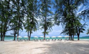 una spiaggia con sedie e ombrelloni e l'oceano di Amora Beach Resort Phuket a Bang Tao Beach